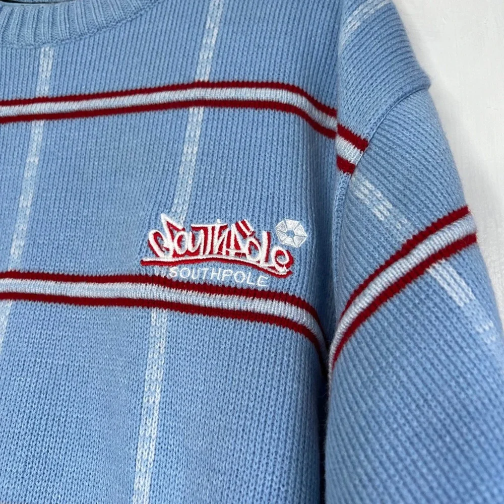 Y2K Vintage SouthPole Sweater Baby Blue Red Stripe Embroidered Men's Size Large